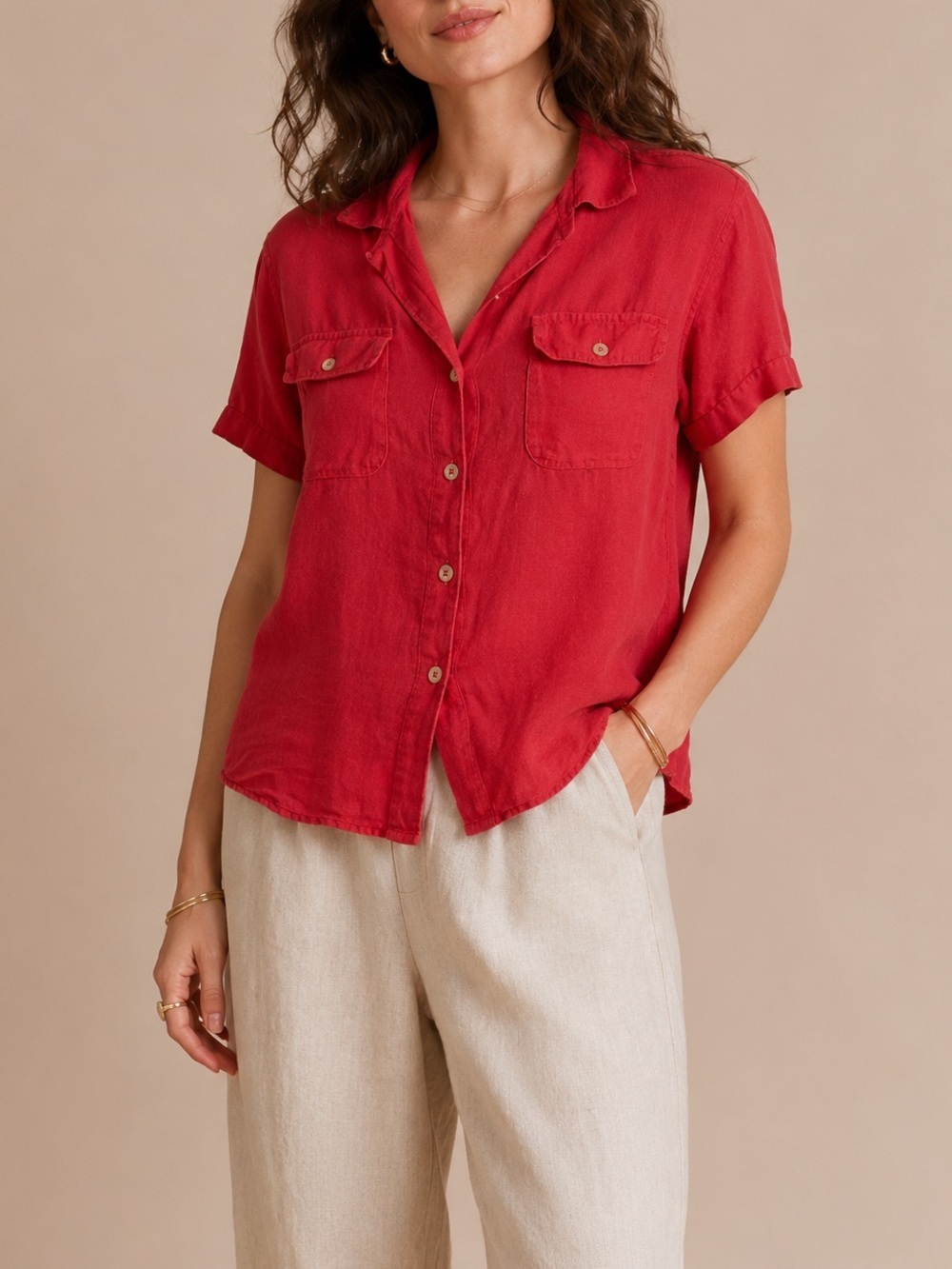 120% Lino Red Linen Button Down Shirt Short Sleeve Collared Top Size XS 40